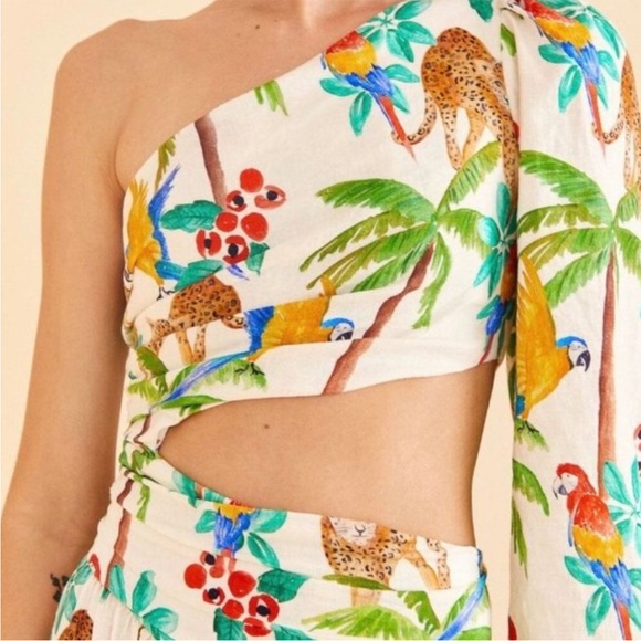 NWT Farm Rio Tropical Paradise White One Shoulder Linen Blend Midi Dress XS $250 - Picture 2 of 10